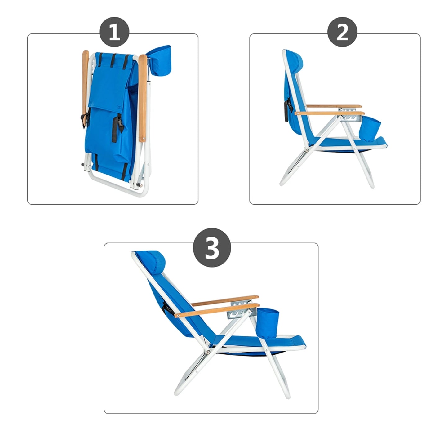 Portable High Strength Beach Chair with Adjustable Headrest Foldable Outdoor Camping Chair 600D Fabric Cup Holder Heavy Blue