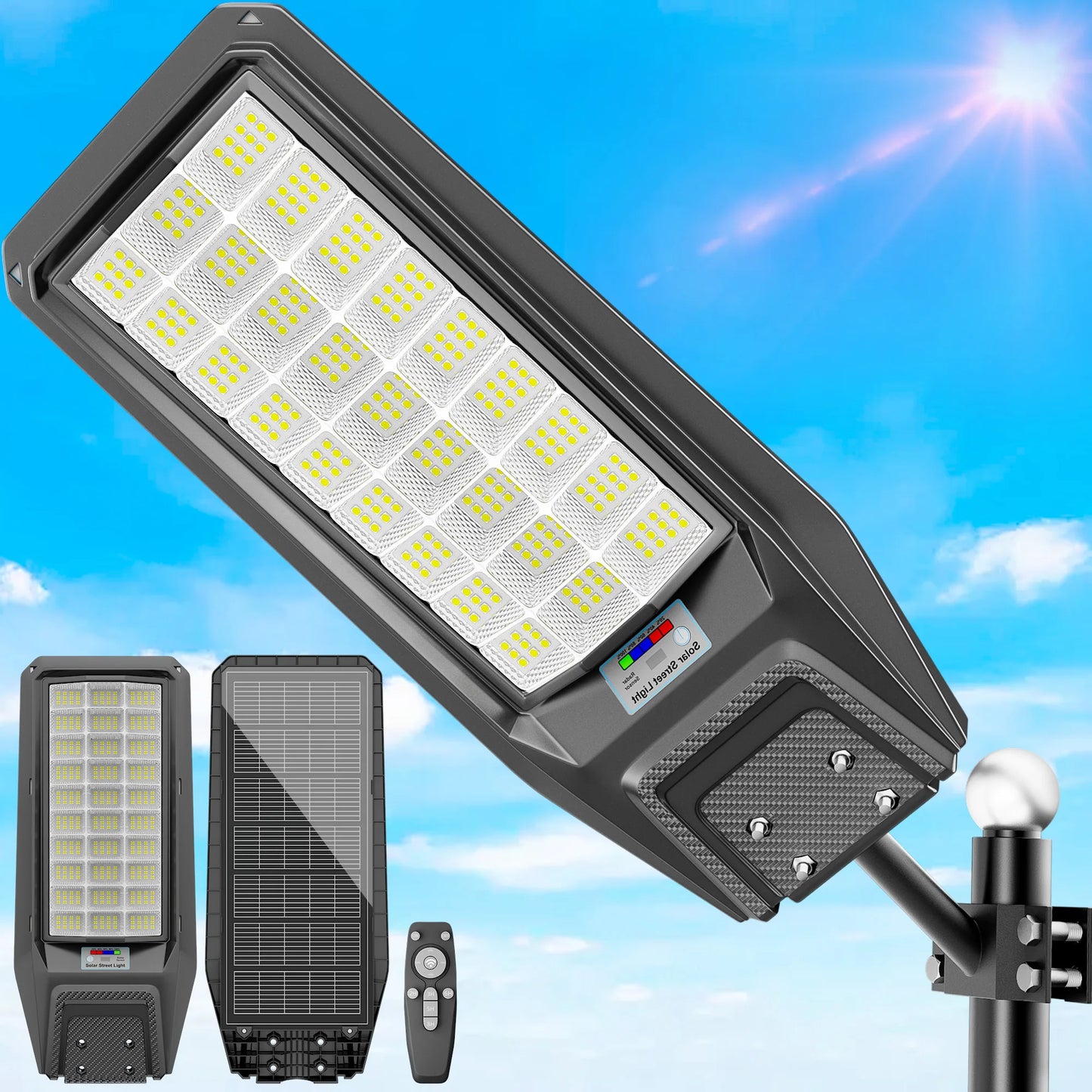 Outdoor waterproof solar light with motion sensor, timer, constant bright mode, dusk-to-dawn, for yard, parking lot, IP65