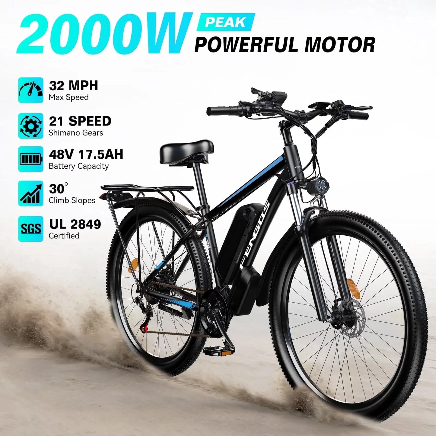 FENGQS Q8 2000W dual motor electric bicycle 48V 840WH 80 mile range 32MPH 27.5-inch all terrain dual disc brake shock absorption