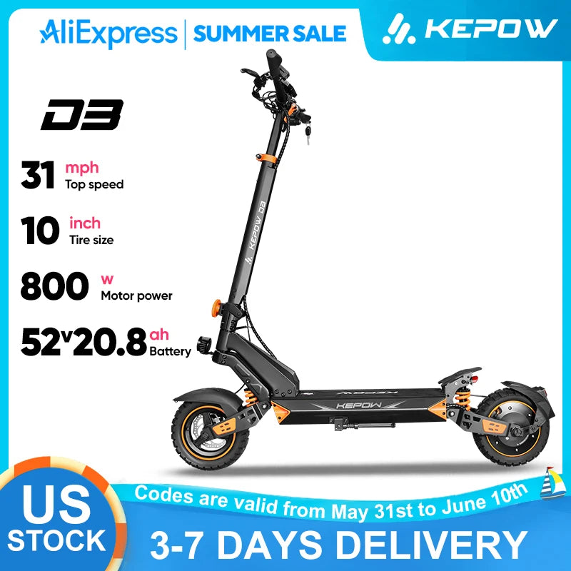 D3 Electric Scooter 52V 20.8Ah Battery 1200W Peak Motor Up to 31MPH High Speed 10 Inch Off‑Road Pneumatic Tires Foldable Design for Adults Portable Commuting E‑Scooter with Smart App Control Dual Suspension Long Range Urb