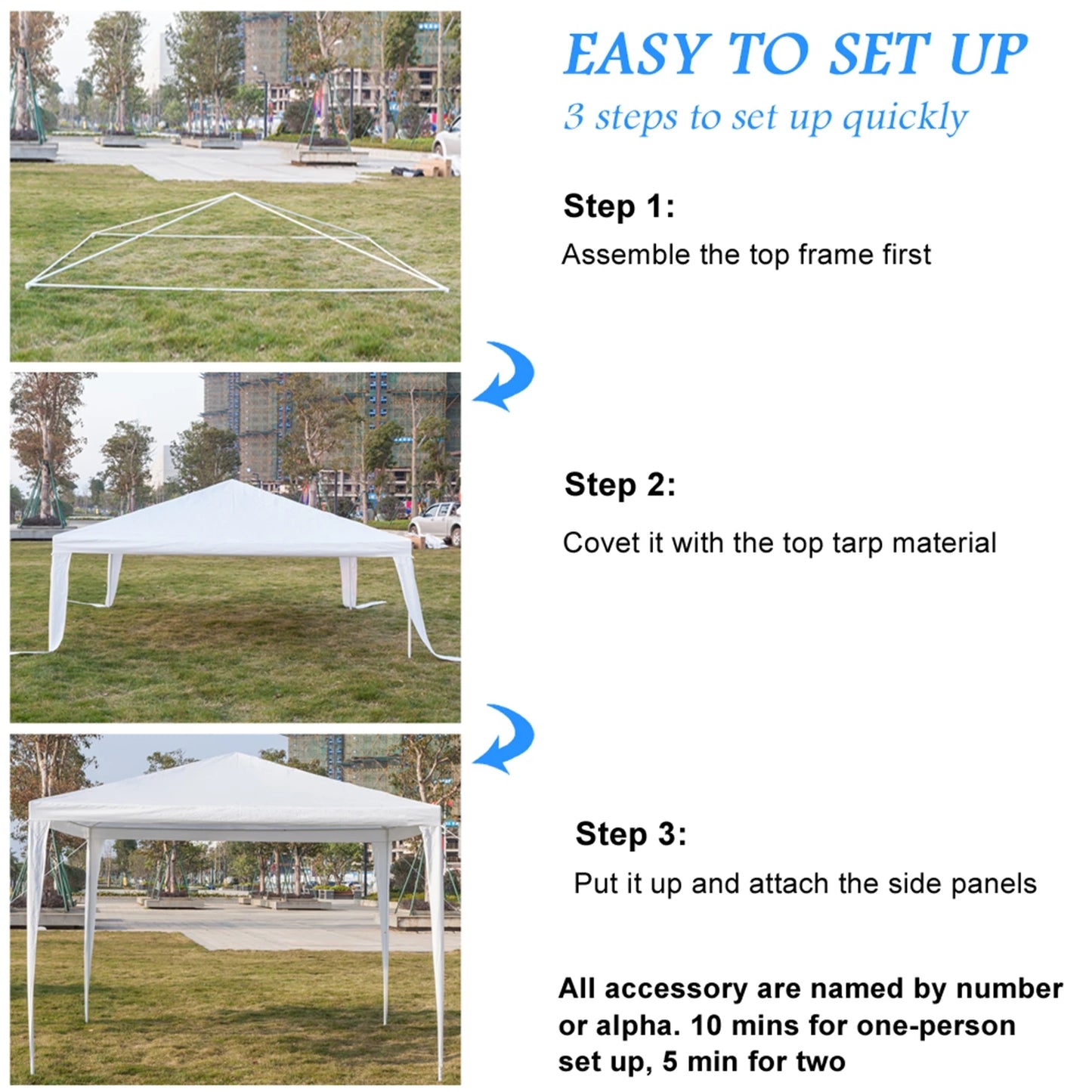 3 x 3 m Waterproof Tent with Spiral Tubes PE Cloth Iron Frame Outdoor Party Wedding Gazebo Heavy Duty Easy Setup White