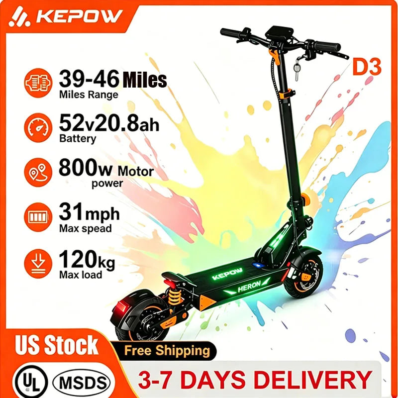 D3 Electric Scooter 52V 20.8Ah Battery 1200W Peak Motor Up to 31MPH High Speed 10 Inch Off‑Road Pneumatic Tires Foldable Design for Adults Portable Commuting E‑Scooter with Smart App Control Dual Suspension Long Range Urb