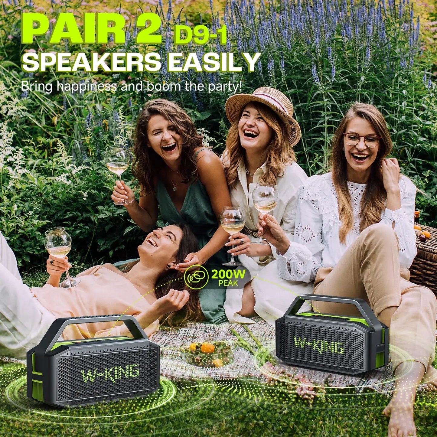 D9-1 Green Bluetooth Speaker, 100W Peak 60W HD IPX6 Portable Speaker Wireless Loud Waterproof Outdoor Party Large Boombox 2 Subwoofer/Ex-Large Passive Radiator-All Round Deep Bass/40H/PowerBank/TF/AUX/EQ