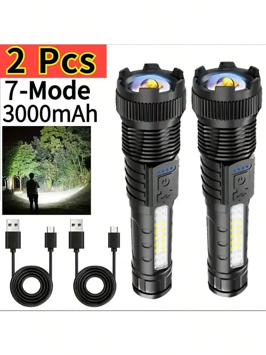 2PCS Tactical Flashlight 2500 Lumens - USB C Rechargeable, 7 Modes Super Bright LED Flashlight For Camping, Hiking
