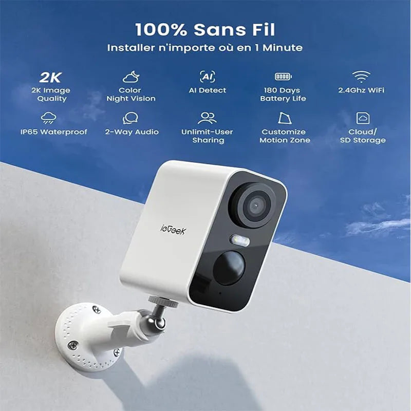 2 PCS 2K Wireless WiFi Surveillance Camera with Battery, Night Vision,Colour and AI & PIR Motion Detection,Outdoor/Indoor