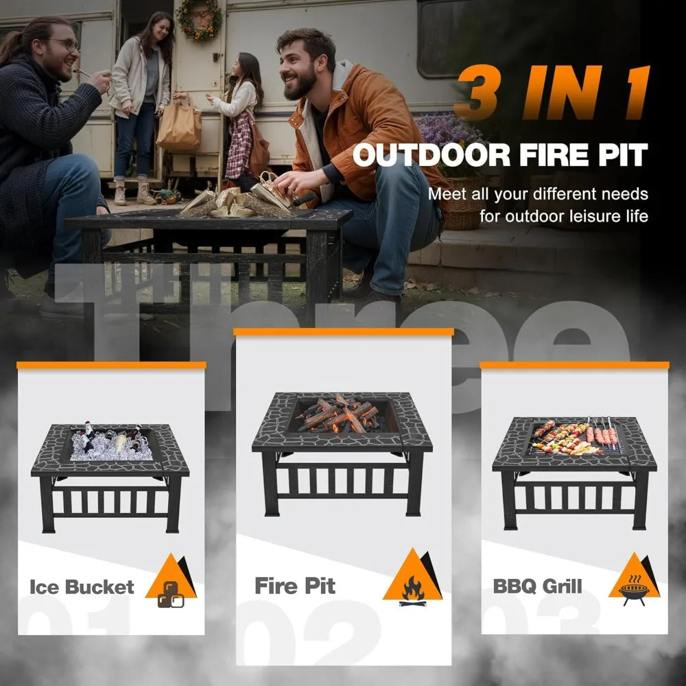 Outdoor Fire Pit, 32 Inch Firepit Table Metal Outdoor Fireplaces with Waterproof Cover for Outside Patio Camping (Silver)