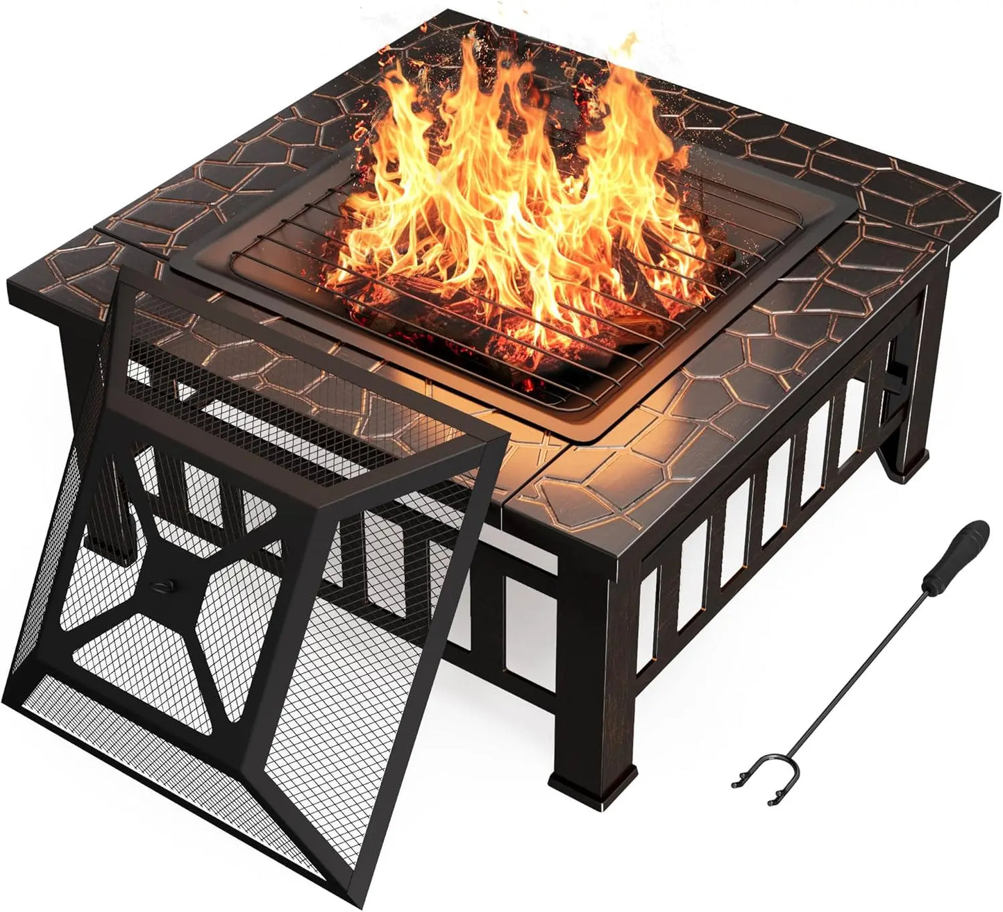 Outdoor Fire Pit, 32 Inch Firepit Table Metal Outdoor Fireplaces with Waterproof Cover for Outside Patio Camping (Silver)