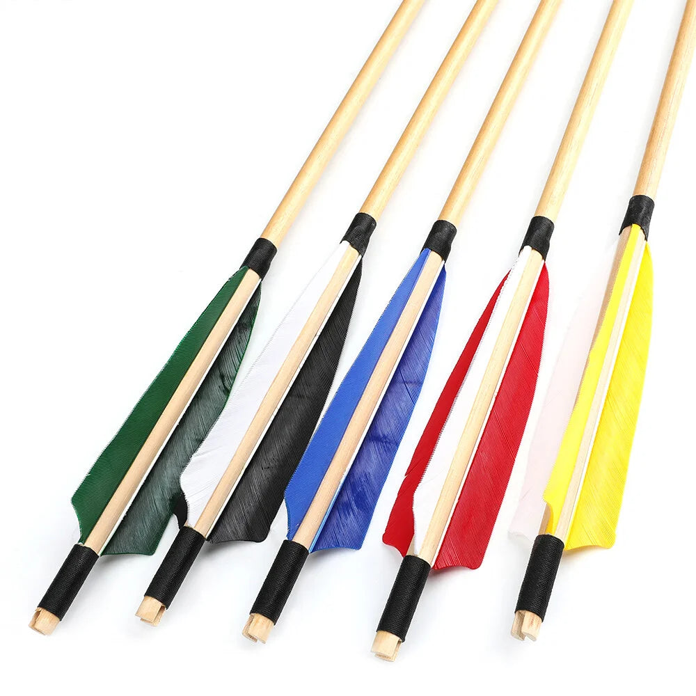 Hunting Arrows 12pcs 31.5inch Handmade Wooden Shaft with 5inch Natural Feathers for Outdoor Shooting Sports