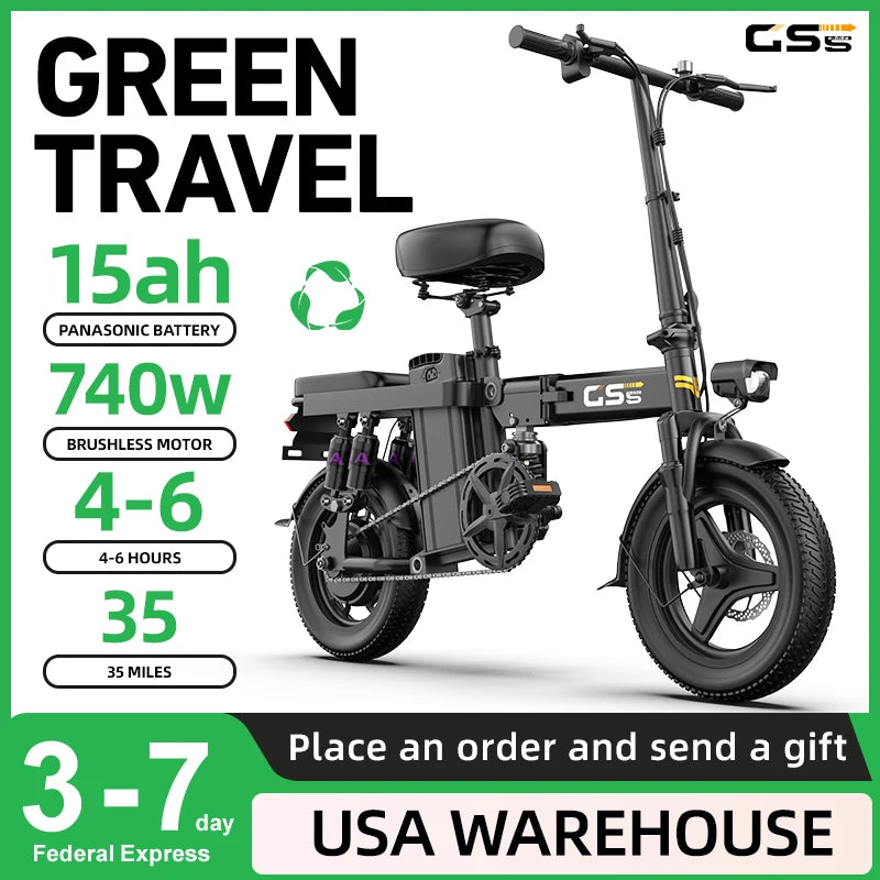 48V 15AH Battery EBike,20+MPH,740W Folding Electric Bike,20 Miles Max Range Electric Bike for Adults, 14" Fat Tire