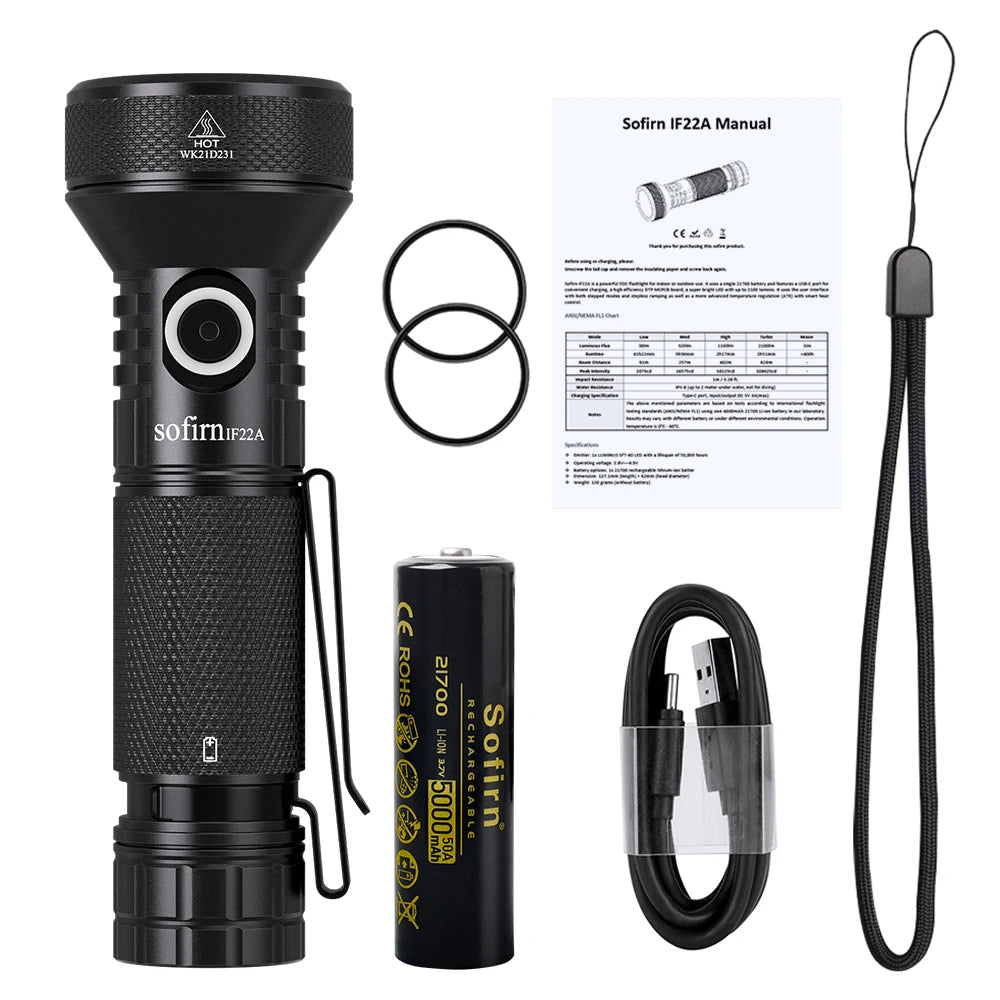 IF22A 2100lm Flashlight 21700 Powerful Light SFT40 LED 629M Long Range USB C Rechargeable Charging  Throw Torch