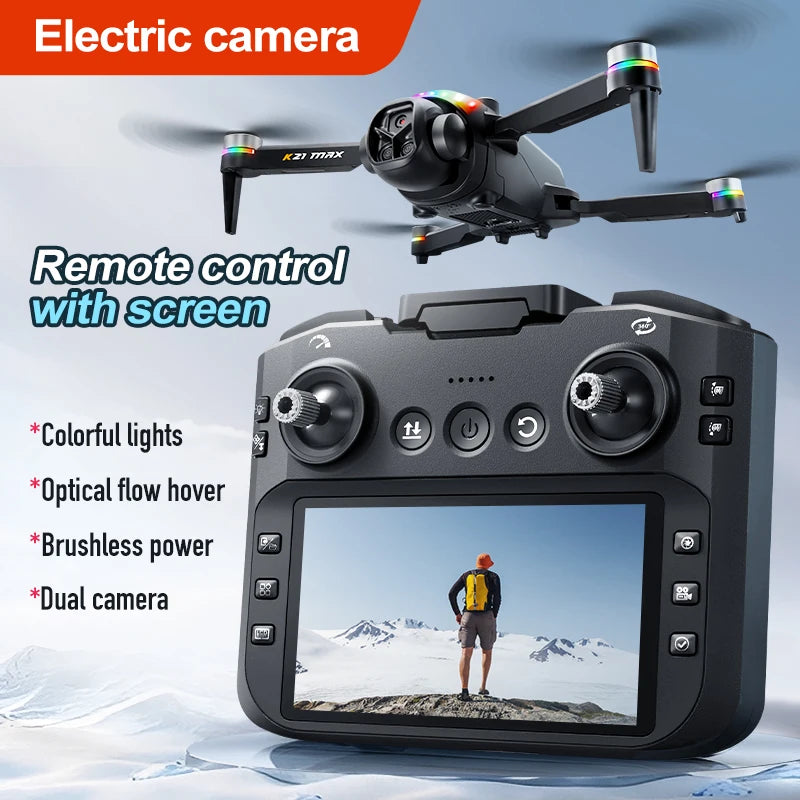 K21MAX Foldable Brushless Drone With Screen Remote EIS Dual Electric Camera Optical Flow Hover Colorful LED Light RC Quadcopter