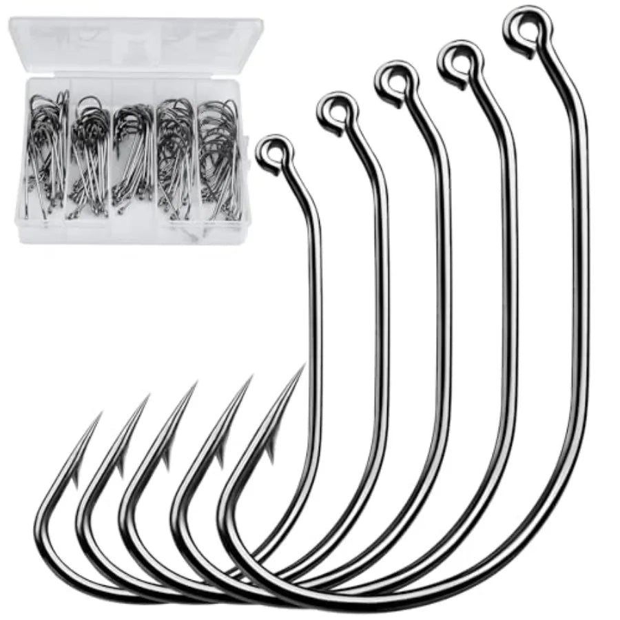 Bass fishing in freshwater and saltwater: EWG hook Texas rig, stainless steel, black, 100pcs with tackle box