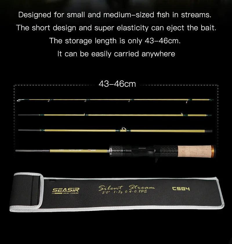 Silent Stream Spining Baitcasting Fishing Rod Carbon Fiber UL Power 1.53/1.65M Spinning Casting Lure Rods 4 Sections