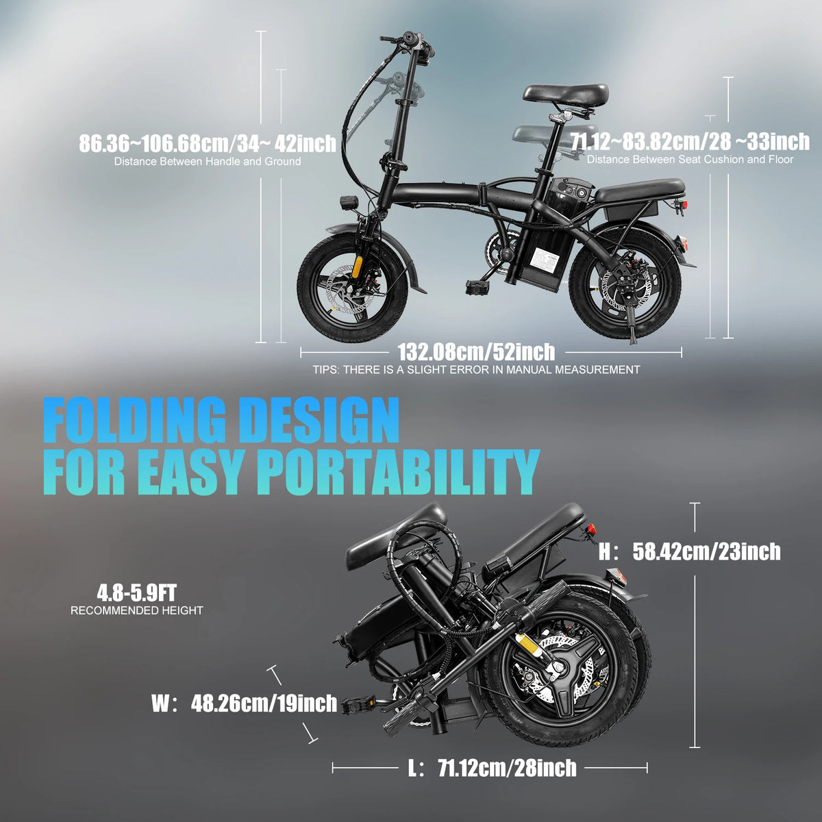 Lightweight Folding Electric Bike for Adults 48V 750W Peak Power 20MPH 18-22 Miles Range 14Inch Disc Brake Commuter E-bike