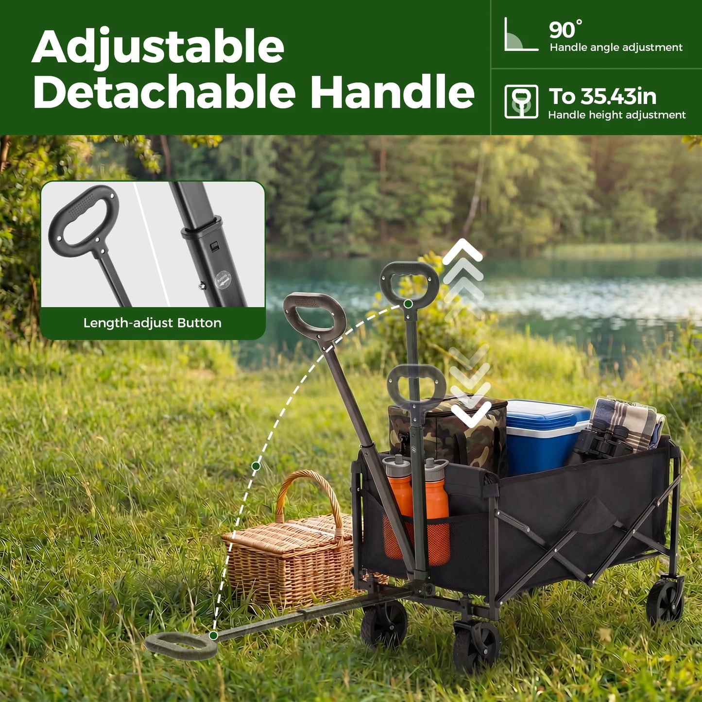 67L Heavy Duty Collapsible Wagon Cart Utility Folding Wagon with Wheels 220 lbs Weight CapacityFlexible Handle for Beach