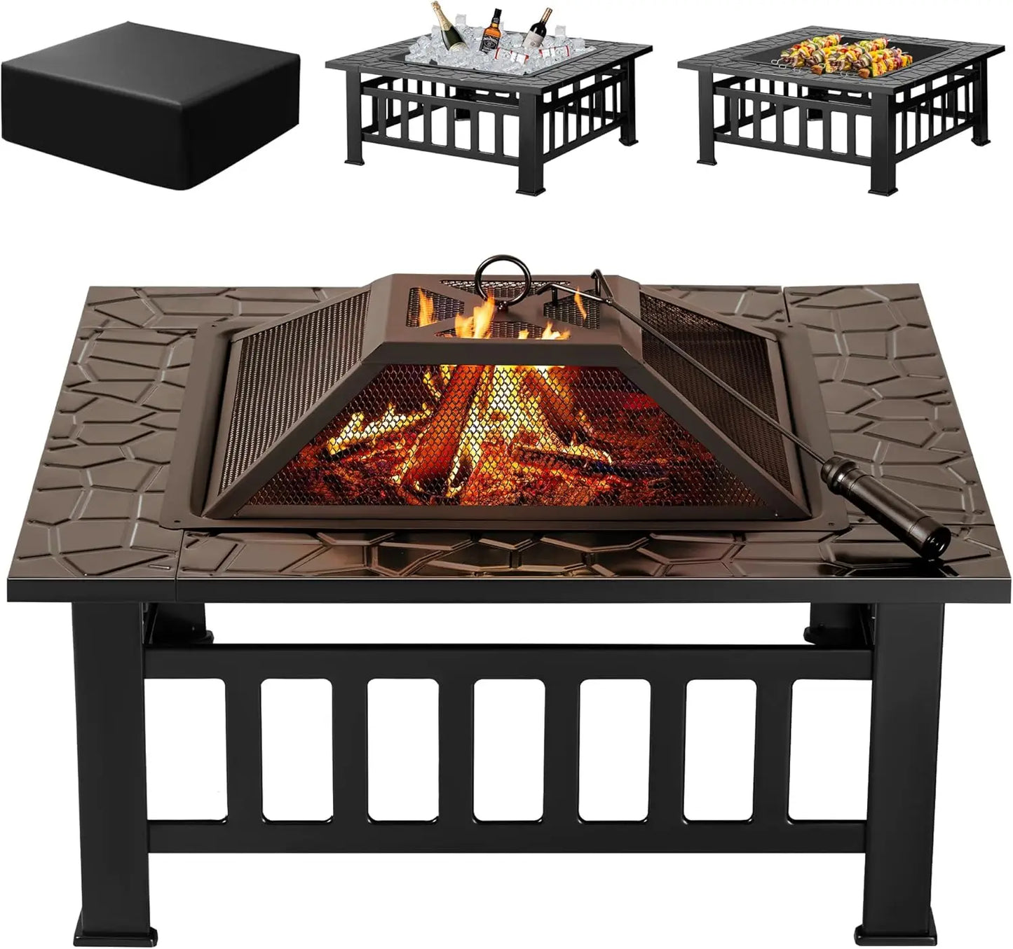 Outdoor Fire Pit, 32 Inch Firepit Table Metal Outdoor Fireplaces with Waterproof Cover for Outside Patio Camping (Silver)