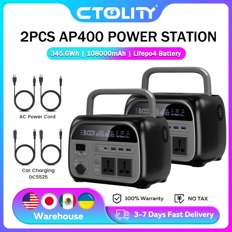 500W Portable Power Station 345.6Wh Solar Generator LiFePo4 Batteries AC 220V Energy Storage Supply Camping 2PCS AP400