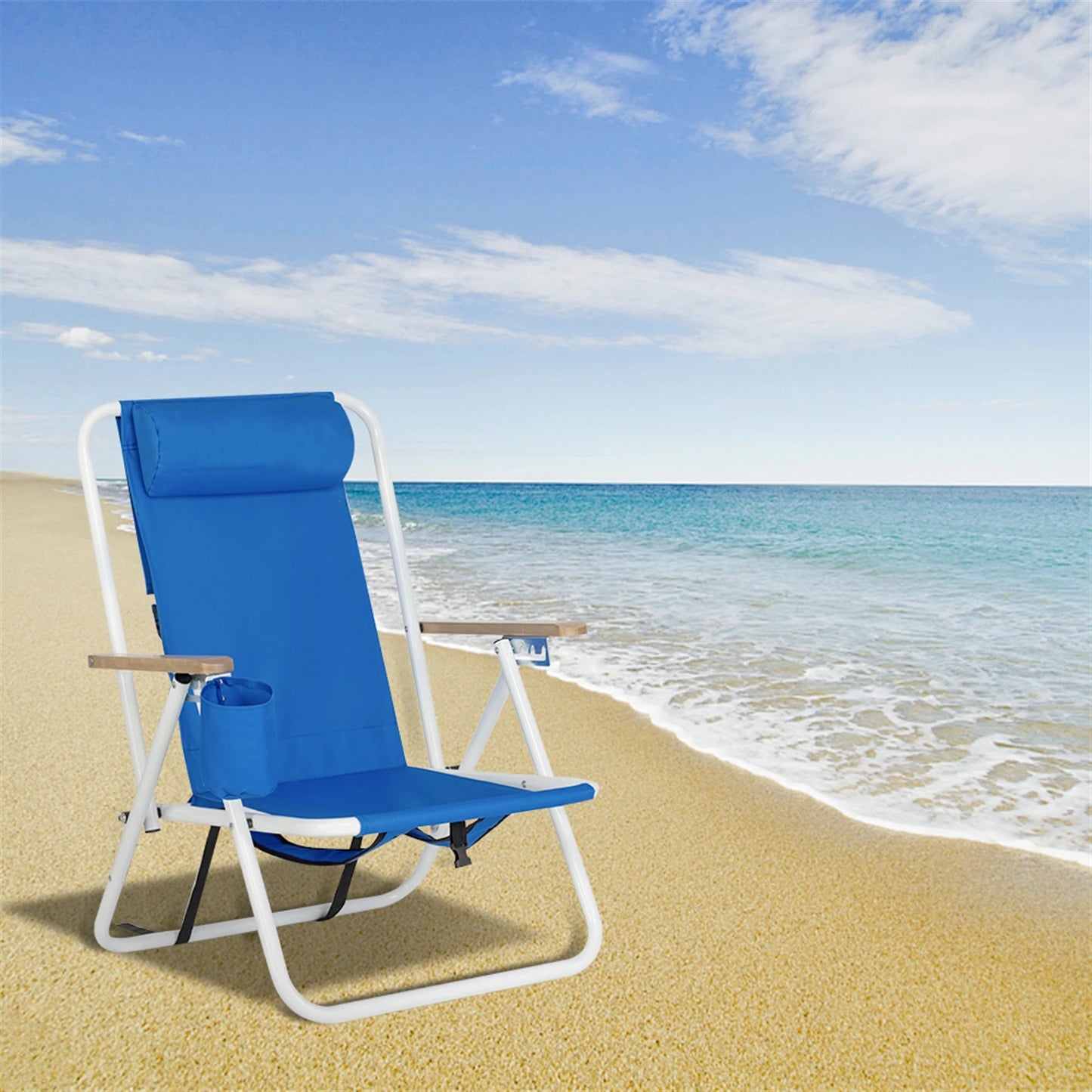 Portable High Strength Beach Chair with Adjustable Headrest Foldable Outdoor Camping Chair 600D Fabric Cup Holder Heavy Blue