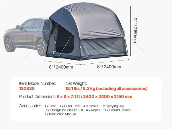 SUV Tent for Camping Waterproof PU2000mm Spacious Double Layer Design SUV Camping Tent with Shade Awning , Mesh Windows