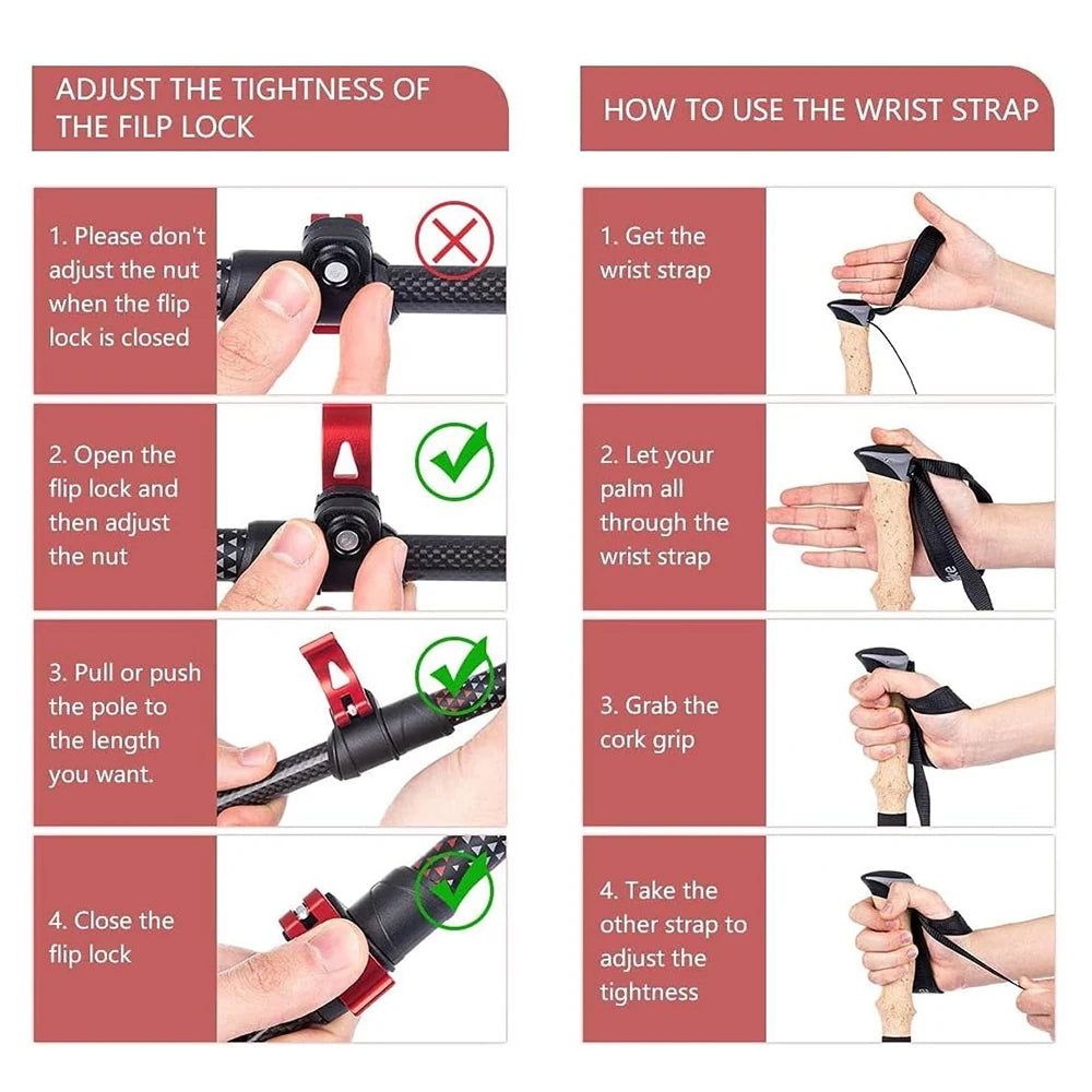 2PCS Trekking Poles Walking Sticks Lightweight Carbon Fiber Collapsible Telescopic Sticks Adjustment Lock Hiking Cane