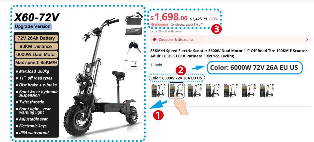 60-85KM/H Fast Electric Scooter for Adults, 1200W-6000W High Power E Scooter Single/Dual Motor, 48V 52V 60V 72V Long Range 40-100KM, 10Ah-30Ah Battery, 11 Inch Off Road Fat Tire All Terrain Electric Scooter with Dual Suspensi