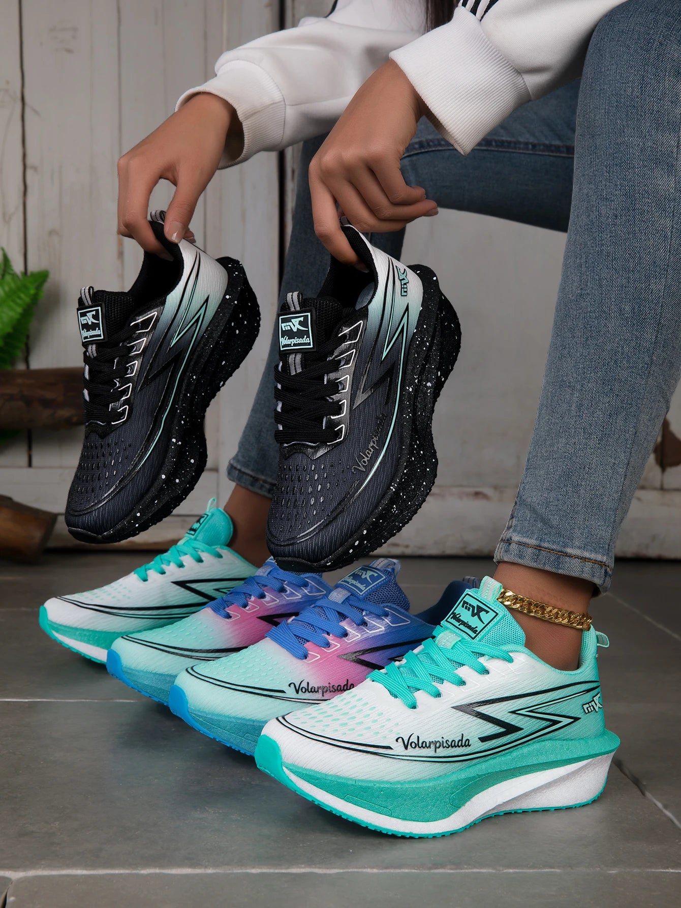 Women Gradient Lightning Print Running Sneakers Breathable Flying Weave Mesh Light Cushion Non Slip Shock Absorb Athletic Gym Jogging Sport Shoes