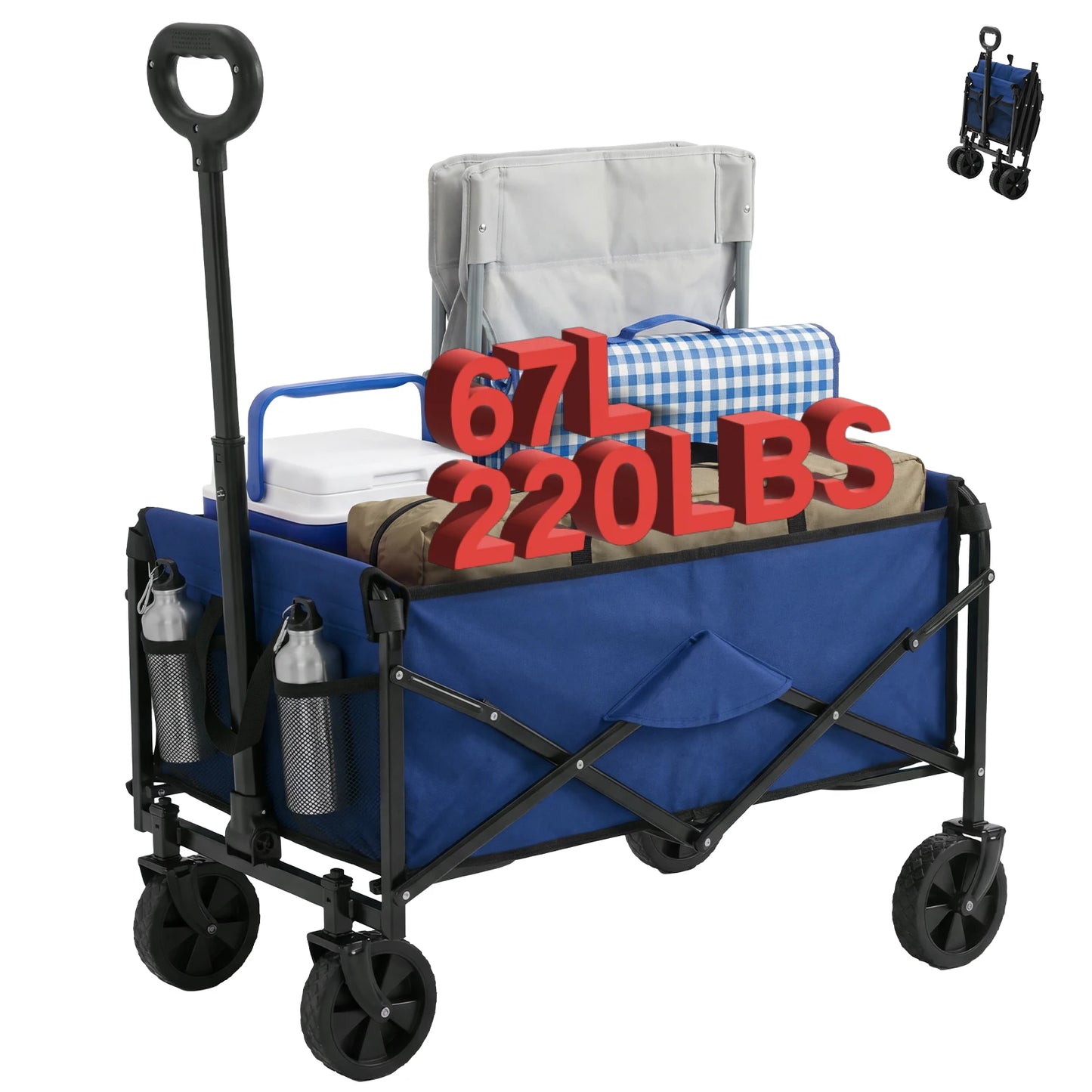 67L Heavy Duty Collapsible Wagon Cart Utility Folding Wagon with Wheels 220 lbs Weight CapacityFlexible Handle for Beach