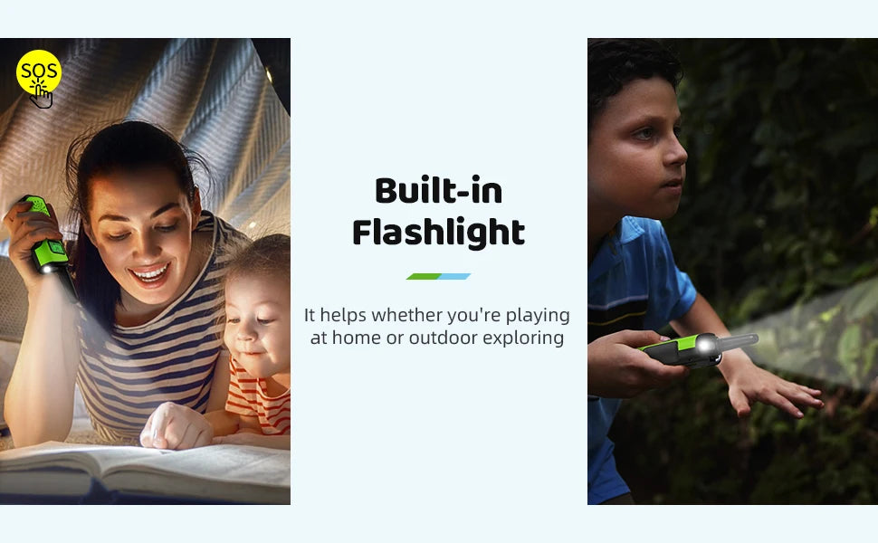 Walkie Talkies 4 Packs Rechargeable  for kids, Long Range Flashlight 8 Channel, USB Type C for Camping, Hiking, Gifts