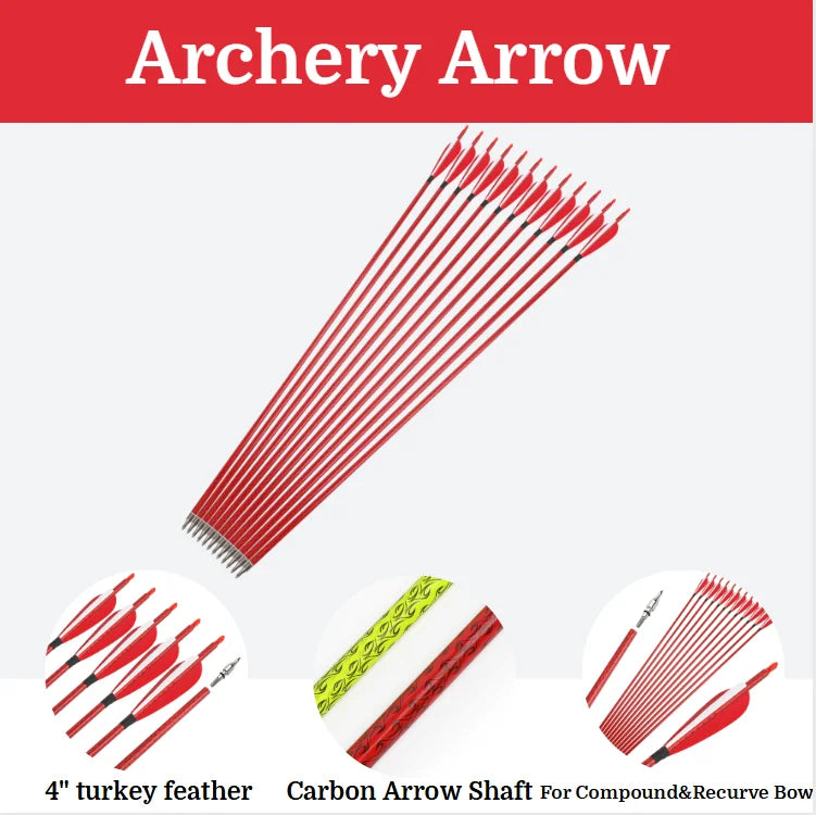 Mixed Carbon Arrows 12pcs 31.5" Spine 500 ID 6.2mm OD 7.8mm with 4" Turkey Feather and 100Grain Arrowheads for Compound Recurve Bow Hunting Shooting Target Practice Durable Archery Accessories