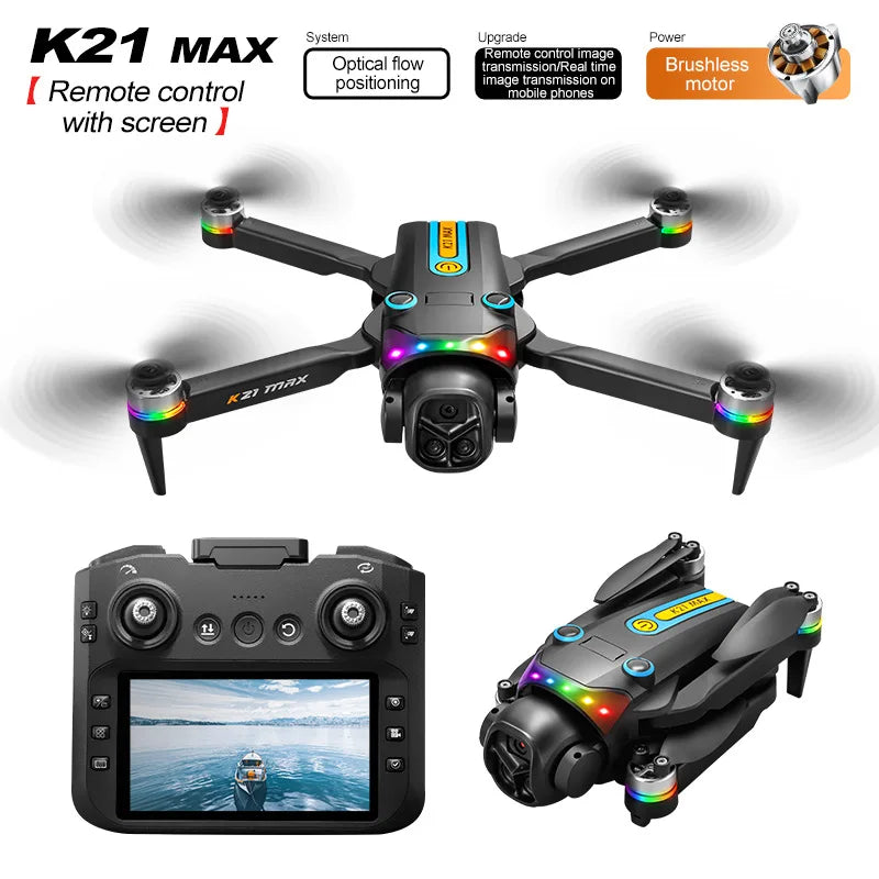 K21MAX Foldable Brushless Drone With Screen Remote EIS Dual Electric Camera Optical Flow Hover Colorful LED Light RC Quadcopter