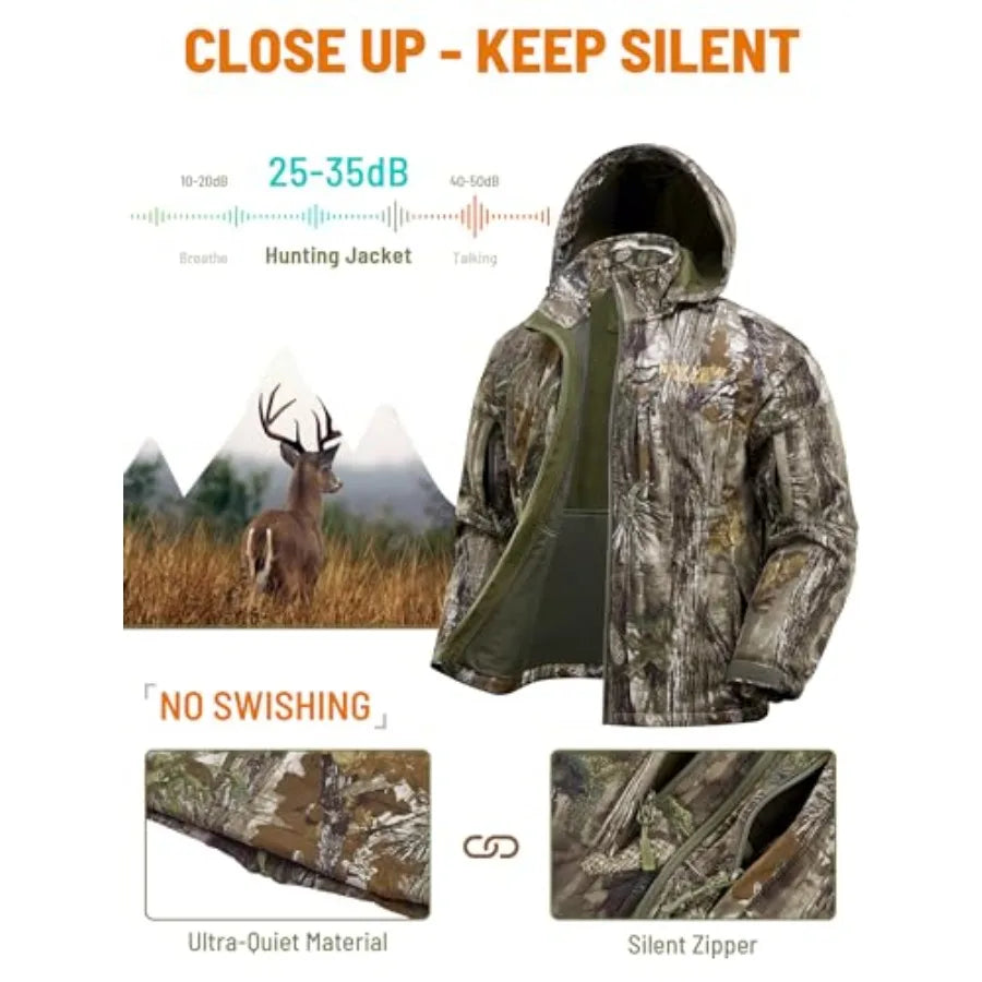 Camo Hunting Jackets for Men Warm Fleece Lined Hunting Jacket with Hood Quiet Water Resistant Hunting Clothes