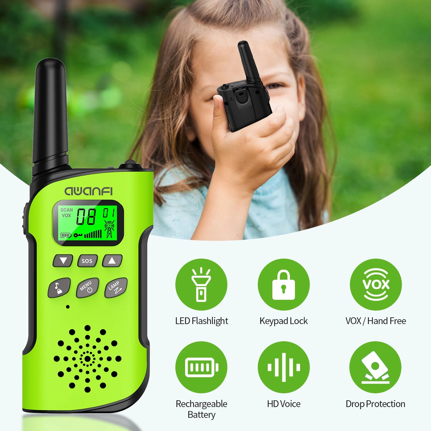 Walkie Talkies 4 Packs Rechargeable  for kids, Long Range Flashlight 8 Channel, USB Type C for Camping, Hiking, Gifts