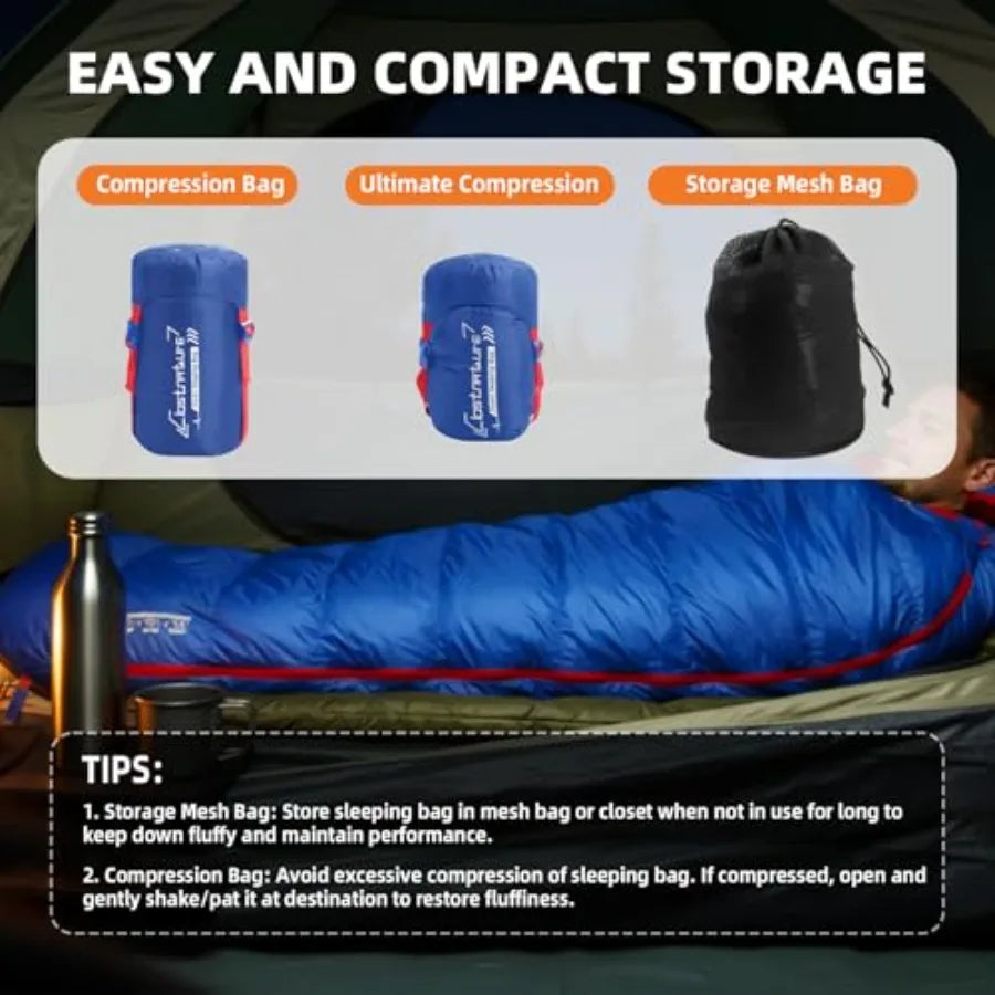 Down Sleeping Bag for Adults - 20D 550 Fill Power Backpacking Mummy Sleeping Bag for 16°F - 45°F Lightweight 4 Season Clod Weat