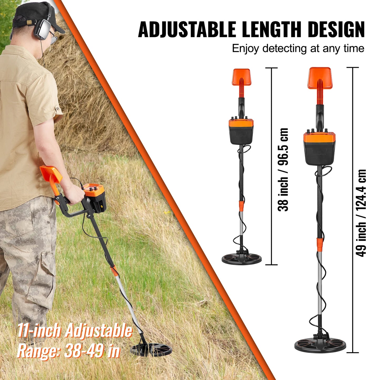Metal Detector 8 Inch Waterproof Search Coil High Accuracy Pointer Display Adjustable 38''-49'' Aluminum Stem Detector