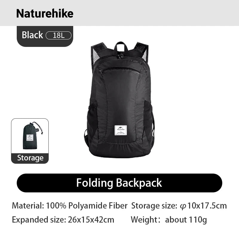 Backpack 18L Black Ultralight Outdoor Waterproof Folding Backpack for Men Women‘s Bag Camping Hiking Shoulder Bag