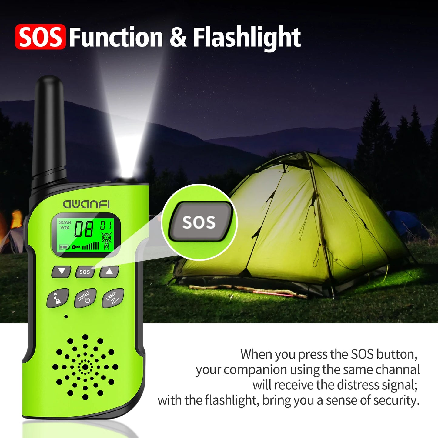 Walkie Talkies 4 Packs Rechargeable  for kids, Long Range Flashlight 8 Channel, USB Type C for Camping, Hiking, Gifts
