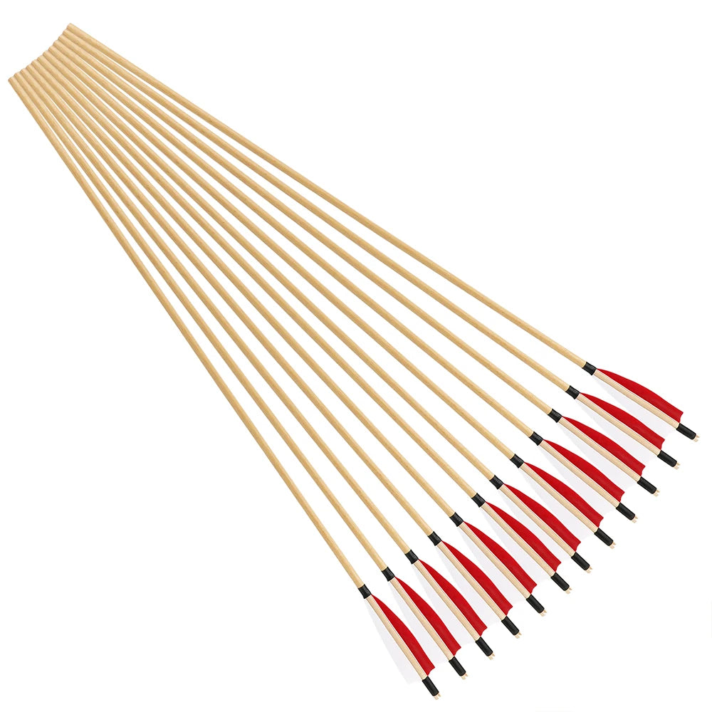 Hunting Arrows 12pcs 31.5inch Handmade Wooden Shaft with 5inch Natural Feathers for Outdoor Shooting Sports