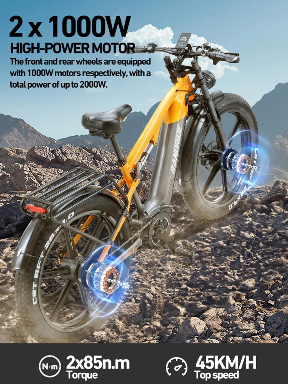 Electric Bicycle 2000W Motor 48V 20Ah Battery 50km/h E-Bike 26x4 Inch Tire Off-road Electric Bike Mountain Ebike Snowmobile Bike