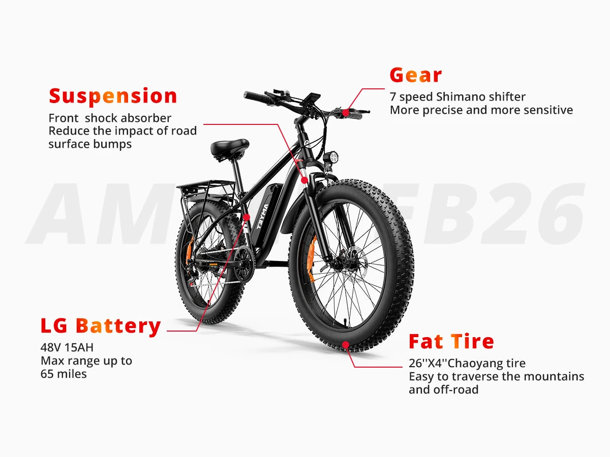 Electric Bike EB26 Adults Electric Bicycle Peak 1500W 48V 15AH e bike 26" Fat Tire Mountain Bike 31mph  Electric Dirt Bike