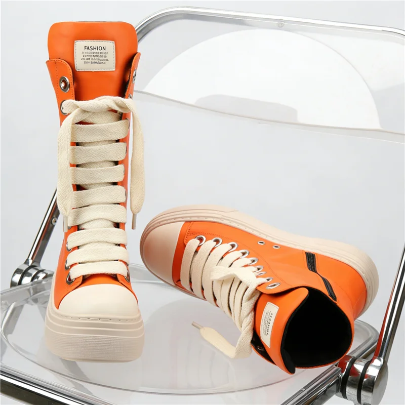 Fashion Thick Bottom Platform Unisex Shoes Women's Casual Sport Mid Boots Cross Tied All Match Increase Sneakers Female Runway