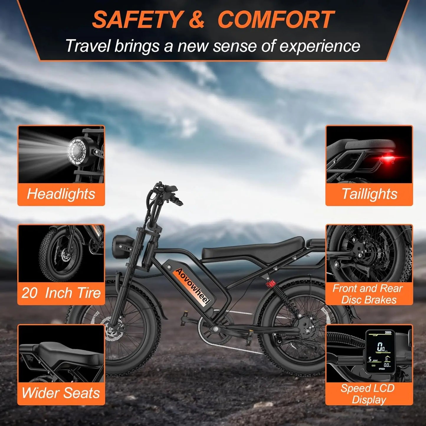 AW2PROElectric Bike 1500W 20" Fat Tire 31mph Top Speed 70 Miles Range for Road Sand Mountain Snow Electric Motorcycle