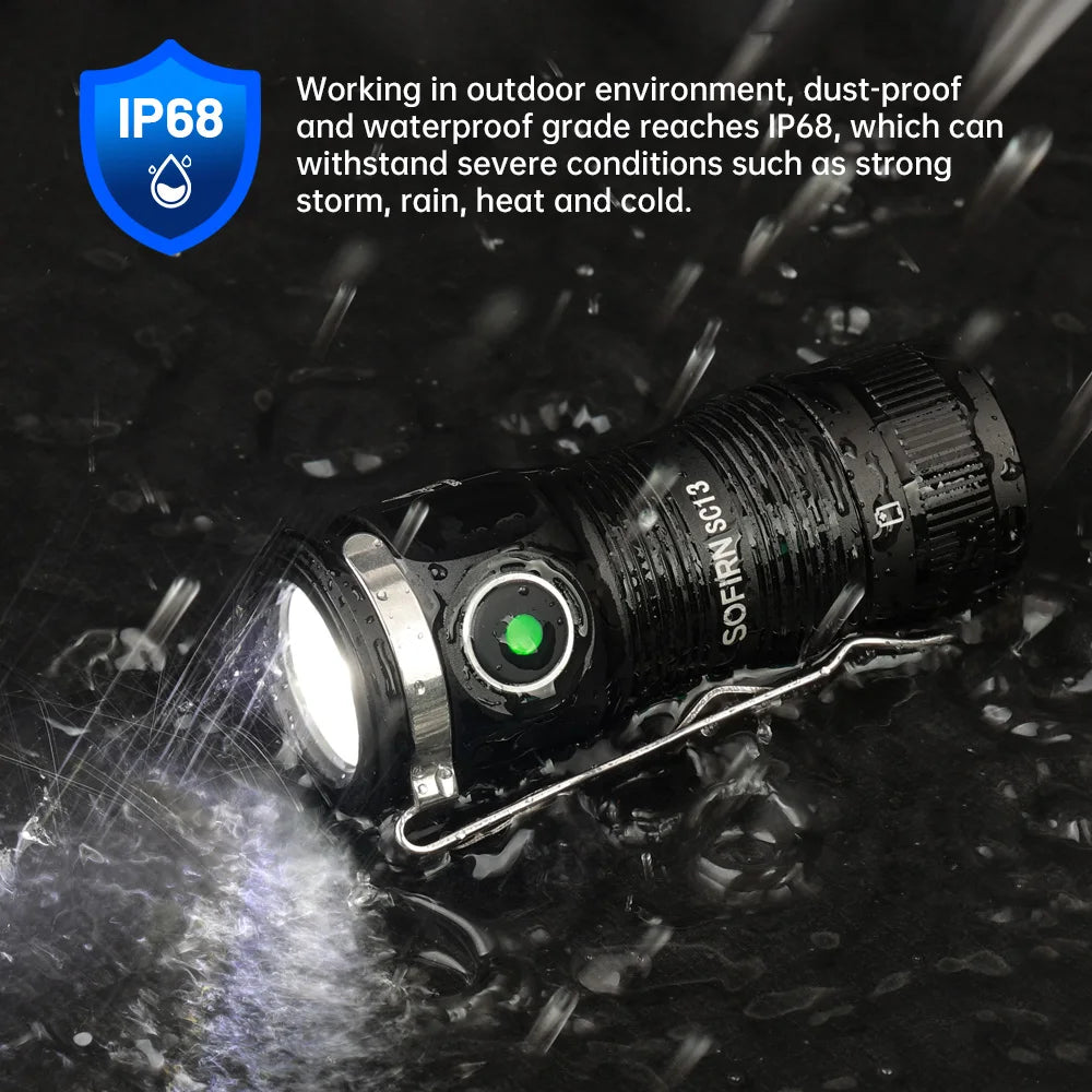 Mini SC13 SST40 LED 1300lm Tactical 18350 Rechargeable Flashlight 6000K Keychain Light with Magnetic