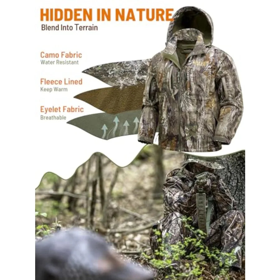 Camo Hunting Jackets for Men Warm Fleece Lined Hunting Jacket with Hood Quiet Water Resistant Hunting Clothes