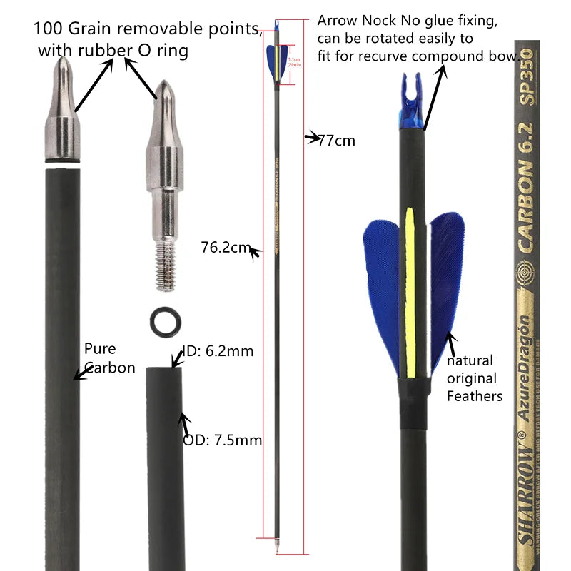 Carbon Arrows 32 Inch Spine 500/600 Pure Carbon Shaft with 2 Inch Feathers for Outdoor Hunting Shooting Compound Recurve Bow