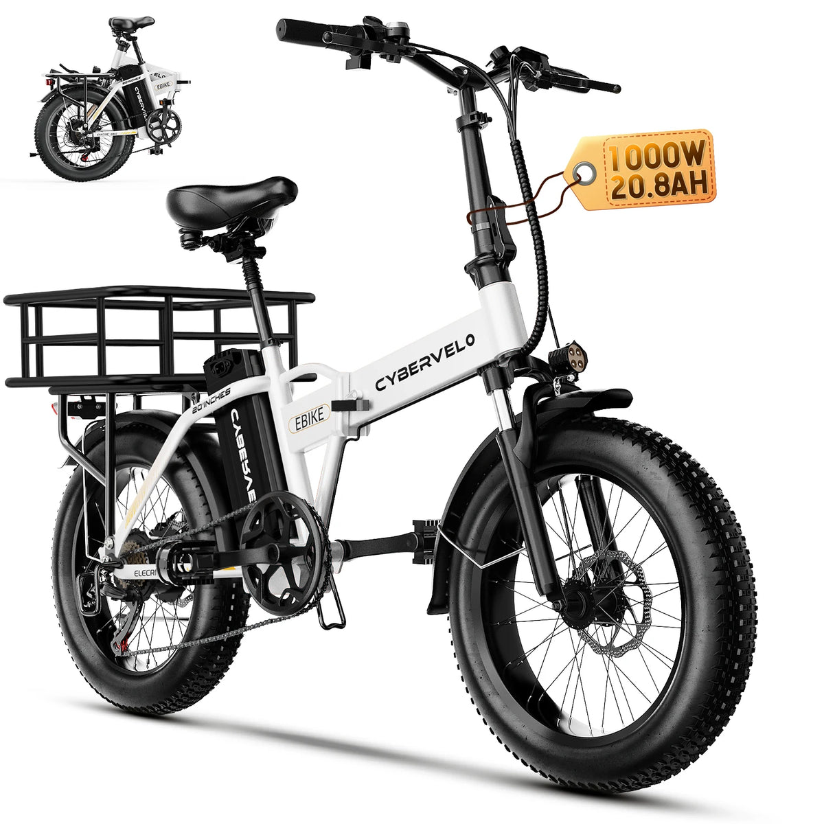 Cybervelo 20” Fat Tire Removable Battery E-Bike 1000W Peak 48V20.8ah 7-Speed Shift Electric Bike 28+MPH 80Miles Long Range EK4