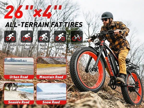 1500W Fat Tire Electric Bike for Adults 26"x4.0 All Terrain Ebike 34MPH Fast Mountain E-Bike 48V Long Range Snow Beach Bicycle