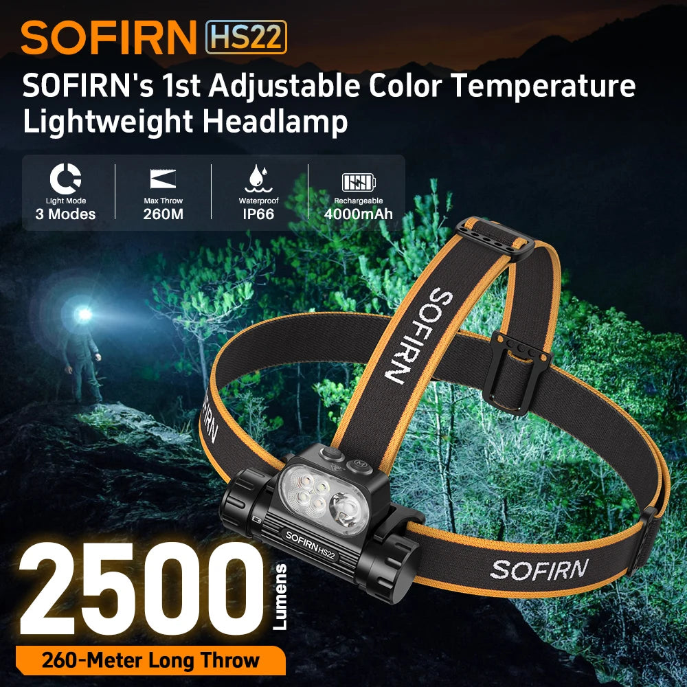 HS22 Headlight 2500lm Stepless Color Temperature Adjustment Ultra-Bright Headlamp 6000K Light with 2700K Warm Torch