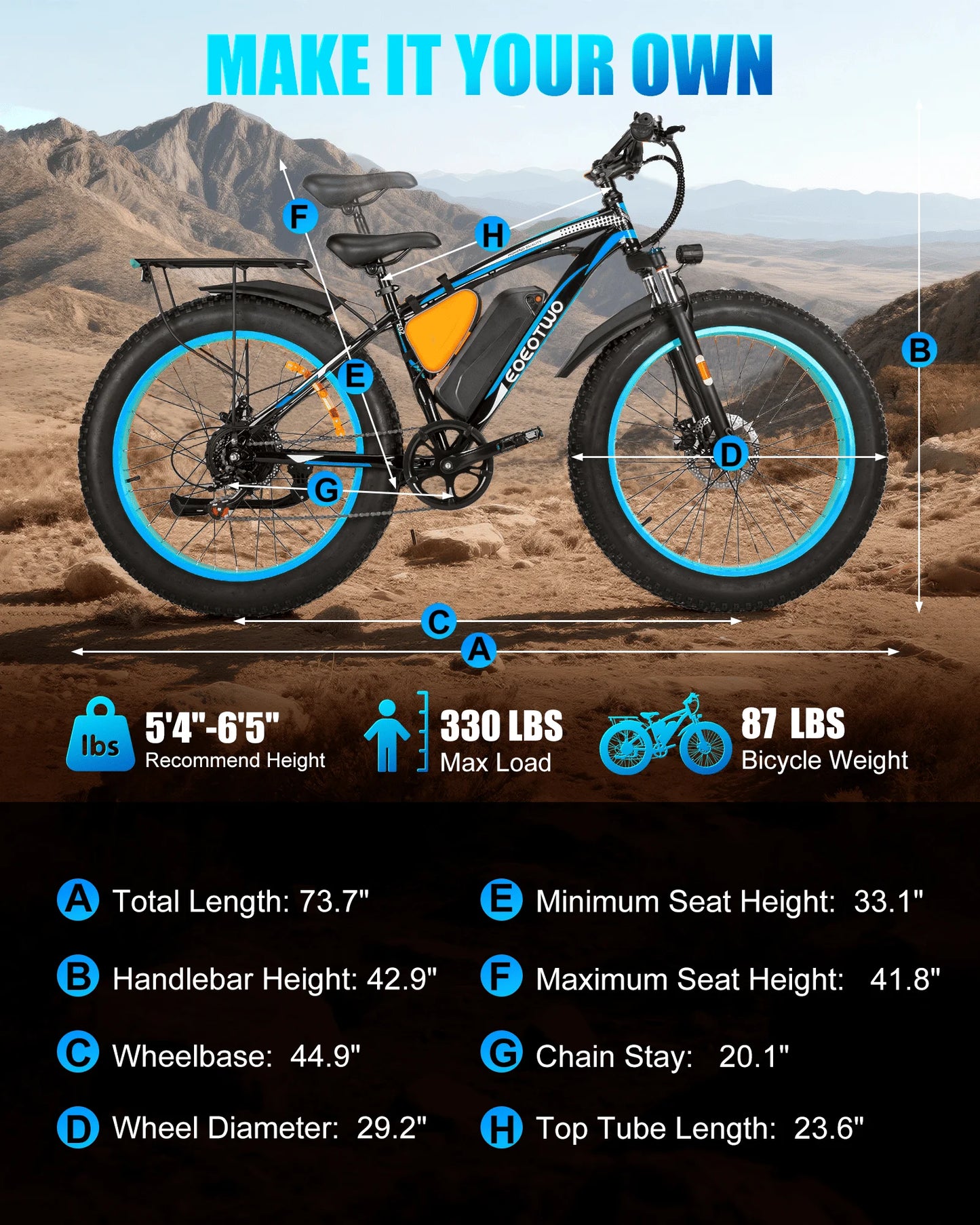 TWO Electric Bike,1500W Peak Ebikes for Adults, 26'' Fat Tire Best Ebike for Men, 70 Miles with 960Wh Battery, 25-30MPH Max Speed Bicycles, 330LB Capacity