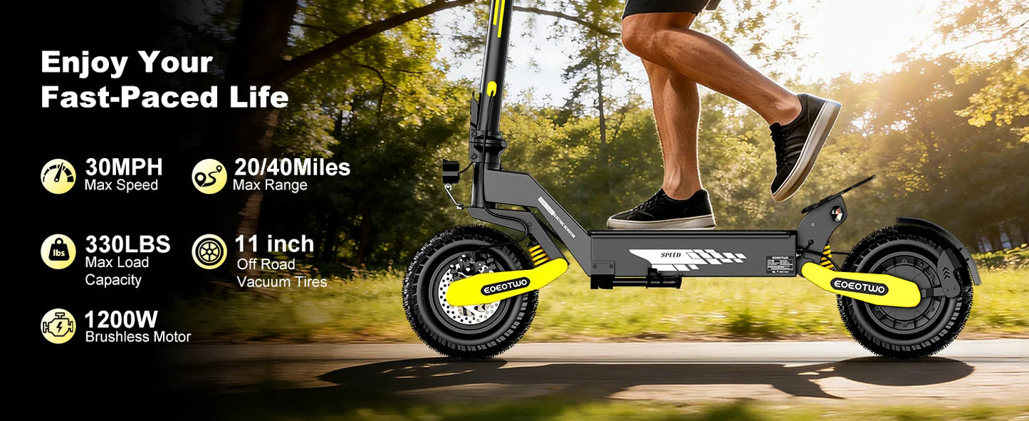 1200W Off Road Electric Scooter for Adults 48V Long Range E-Scooter 30MPH Fast Speed 11" Tubeless Tire Foldable Kick Scooter