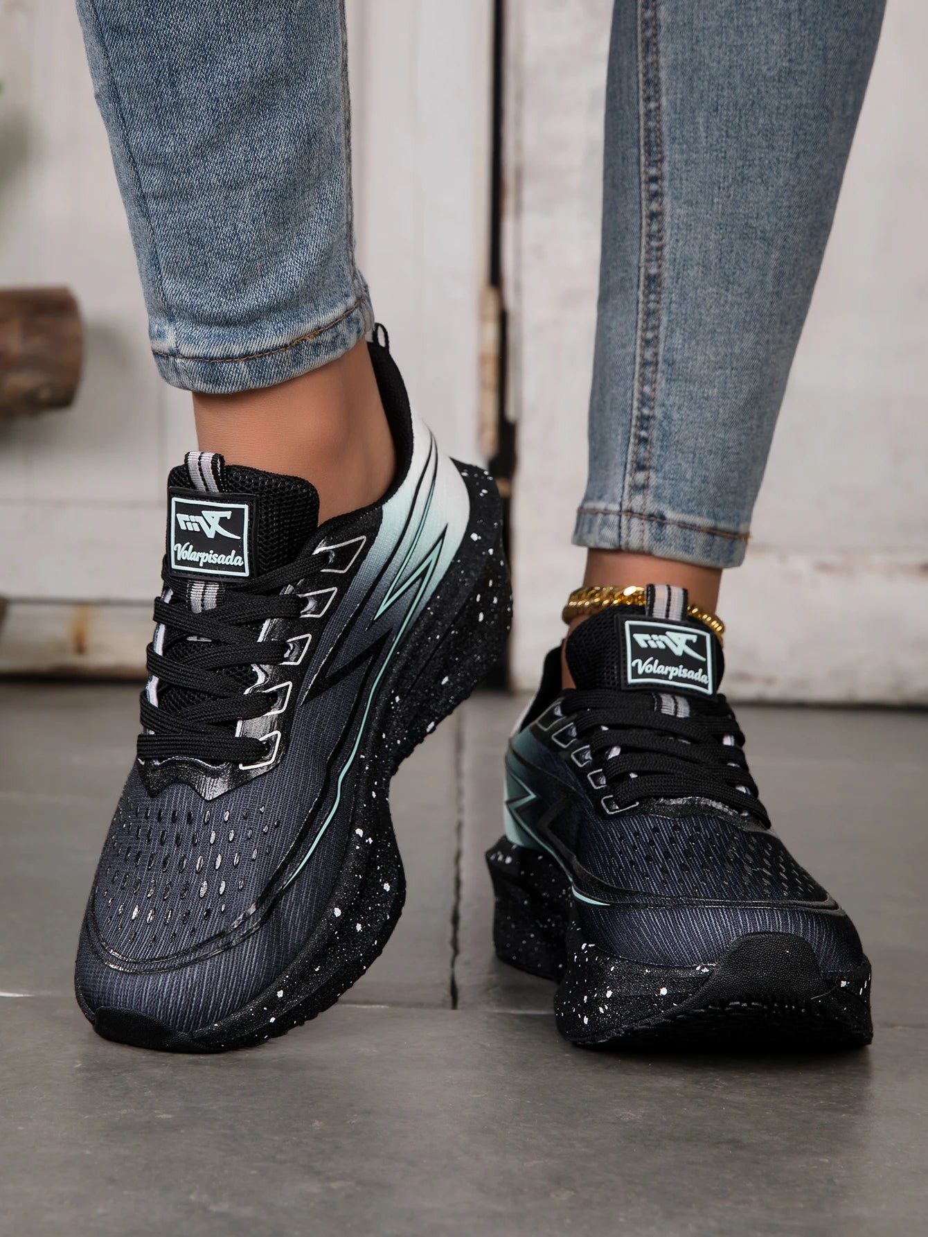 Women Gradient Lightning Print Running Sneakers Breathable Flying Weave Mesh Light Cushion Non Slip Shock Absorb Athletic Gym Jogging Sport Shoes